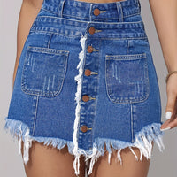 Women's High-Waisted Denim Shorts Skirted Shorts, Distressed Fringe Raw Hem Skorts, Elastic Waist, Loose Fit, Slimming, Preppy Style, Casual Summer Fashion