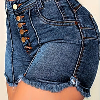 High-Waisted Single-breasted Buttoned Raw Hem Denim Shorts - Young women, fashion-conscious individuals, casual wear enthusiasts, summer shoppers - Navy Blue, Denim, Casual, Button, High Stretch - Suitable for Summer, Casual,