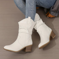 Mid Calf Women's Slouch Boots, Solid Color V-cut Slip On Cowgirl Low Heel Block Stacked Heels
