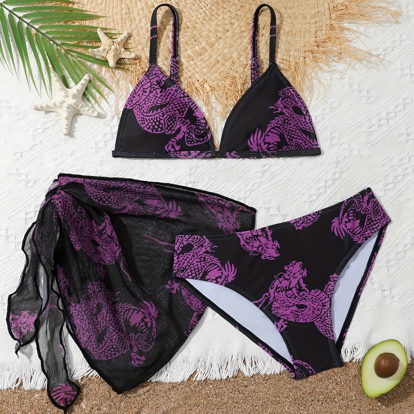 Trendy & Elegant Girls 3pcs Bikini Swimwear Set Comfy Bathing Suit Summer Clothes Beach
