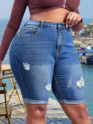 Plus Size Womens High Rise Skinny Stretchy Denim Shorts - Ripped, Roll Up Hem, Zipper Fly, Solid Color, All-Season Casual Wear - Soft, Comfortable, and Versatile Jorts for Oversized Ladies