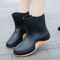 Women's Platform Ankle Rain Boots, Waterproof Solid Color Slip On Shoes, Outdoor Non-slip Shoes