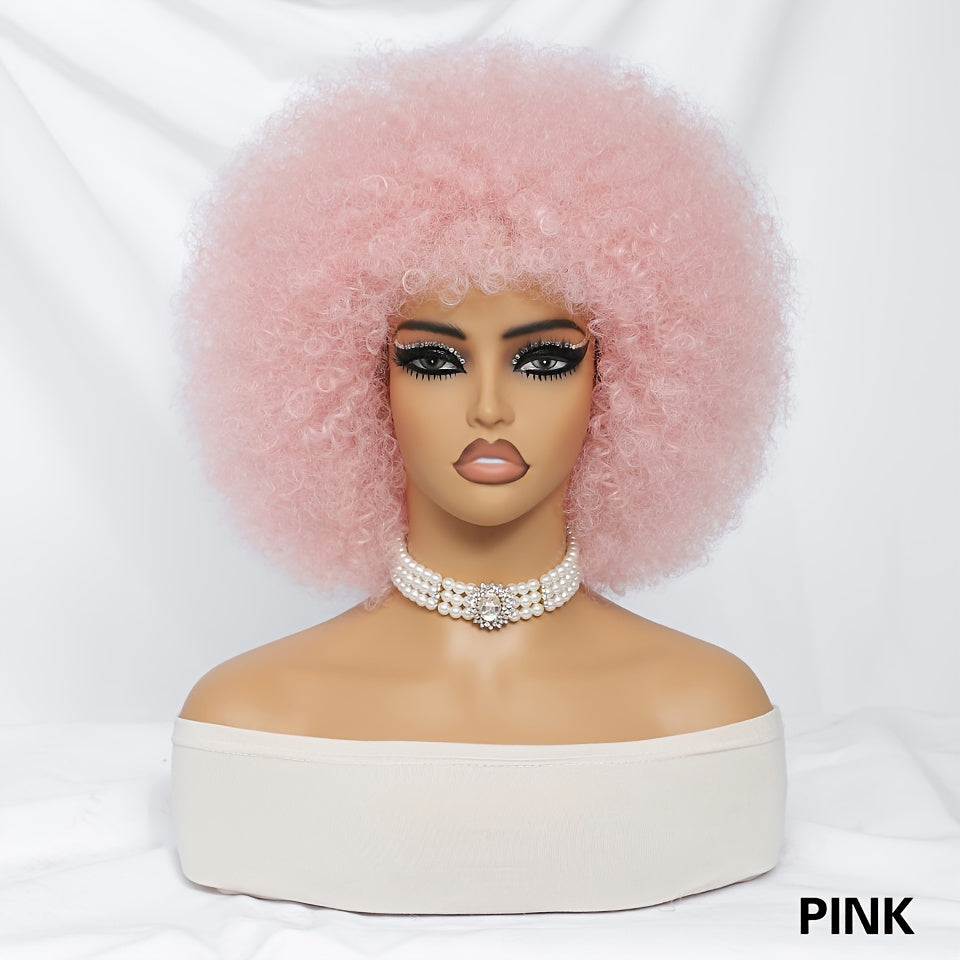 Short Afro Wigs For Women Blonde 10 Inch Afro Curly Wig With Bangs 70s Large Bouncy Soft Synthetic Female Wigs For Party Cosplay