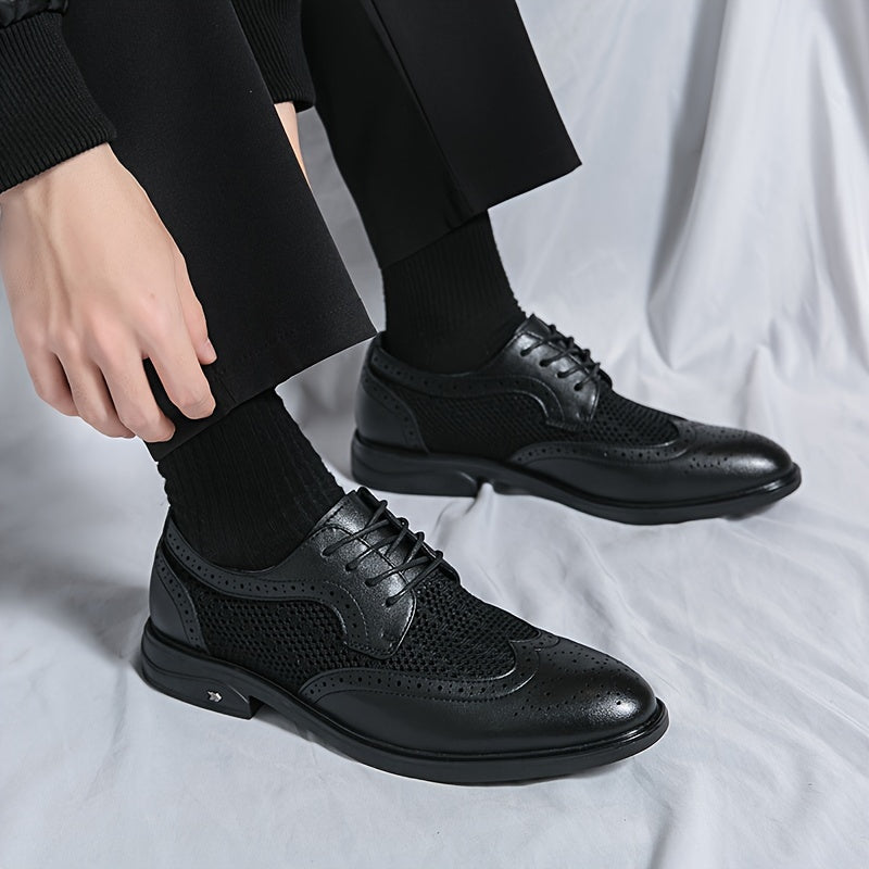 Men's Solid Color Vintage Wingtip Brogue Toe Derby Shoes, Comfy Non Slip Durable Rubber Sole Lace Up Dress Shoes, Men's Footwear