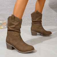 Mid Calf Women's Slouch Boots, Solid Color V-cut Slip On Cowgirl Low Heel Block Stacked Heels