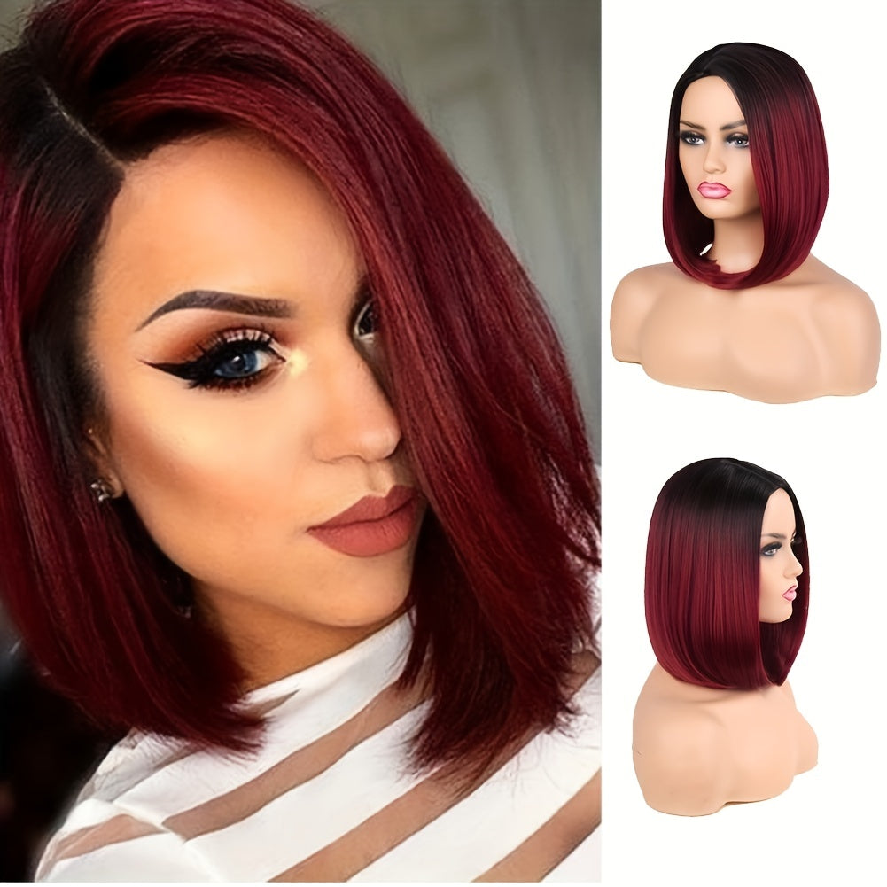 14-Inch Straight Synthetic Bob Wig with Ombre Effect - Black to Red, Heat-Resistant Fiber, Daily Cosplay & Party Style, High-Density Rose Net, Perfect for Women, Party Hair Accessory | Stylish Hairpiece | Heatresistant Fiber,