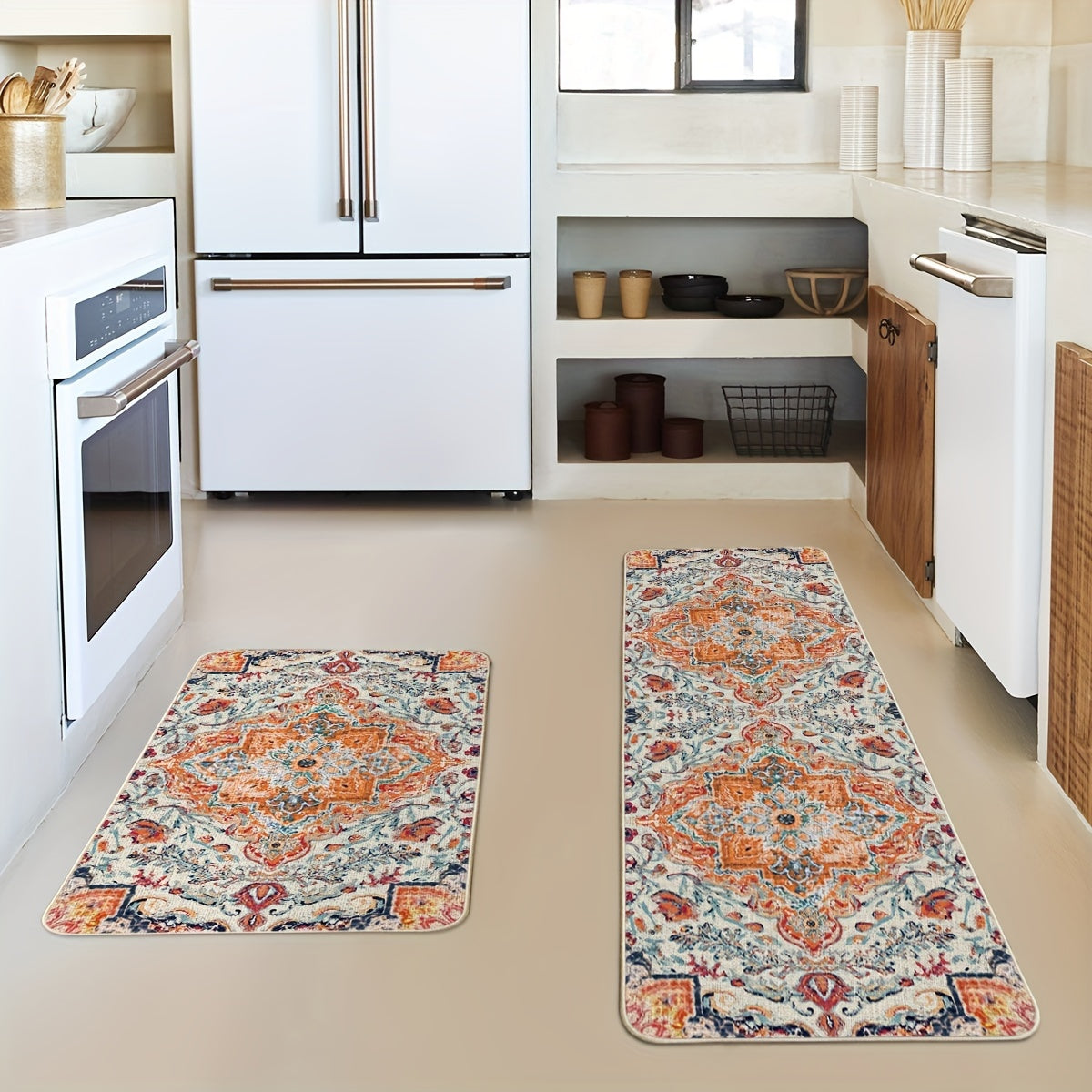 2pcs/set Sm:)e Flowers Bohemia Kitchen Mats, Daily Boho Home Decor Low-Profile Kitchen Rugs For Floor - 17x29 Inches And 17x47 Inches