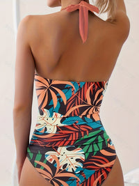 V Neck Halter Tie Neck One Piece Bathing Suit, Backless High Strech Plain Or Printed Swimsuit, Women's Swimwear & Clothing