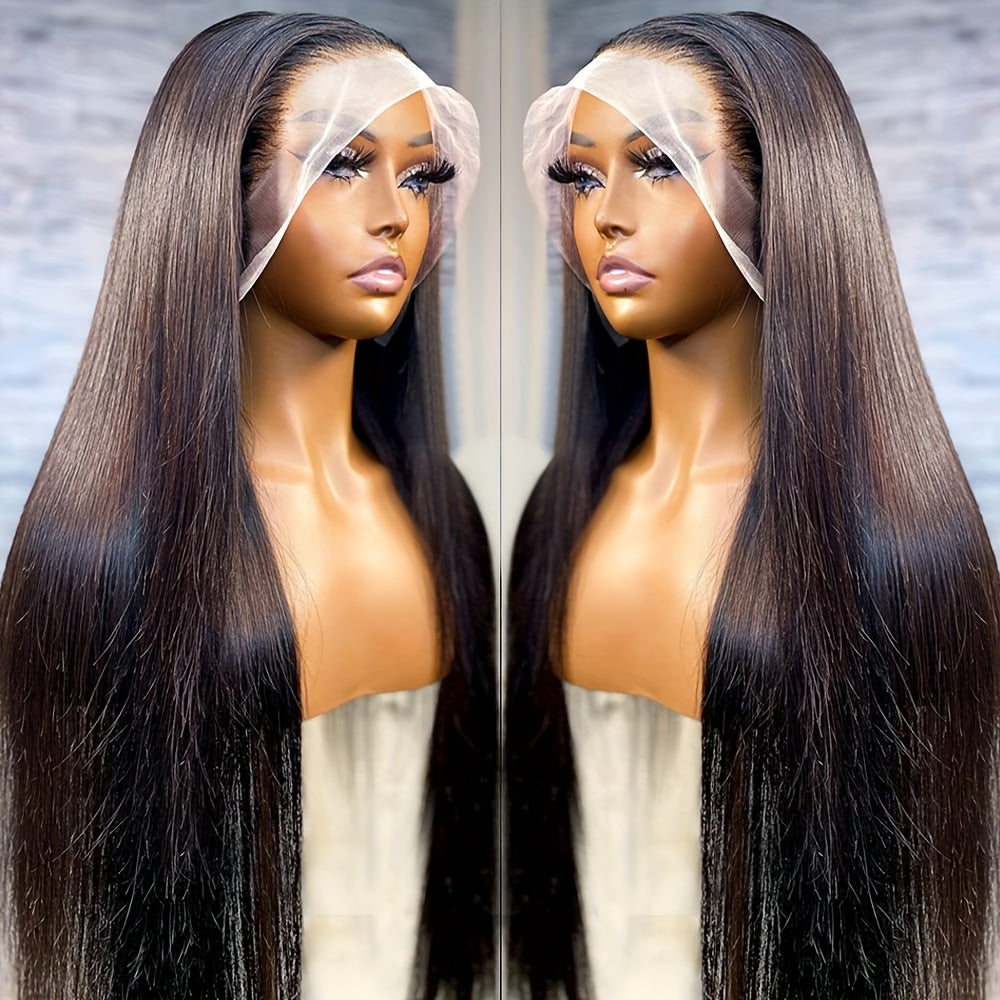 13x6 HD Transparent Lace Front Wig for Women - 180% Density, Pre-Plucked Straight Human Hair, Glueless Design, Natural Black Color, Versatile Styling Options for Ponytails and Braids