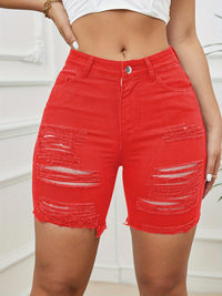 Ripped Raw Hem Denim Shorts, Distressed Plain Red Bermuda Denim Shorts, Women's Denim Jeans & Clothing
