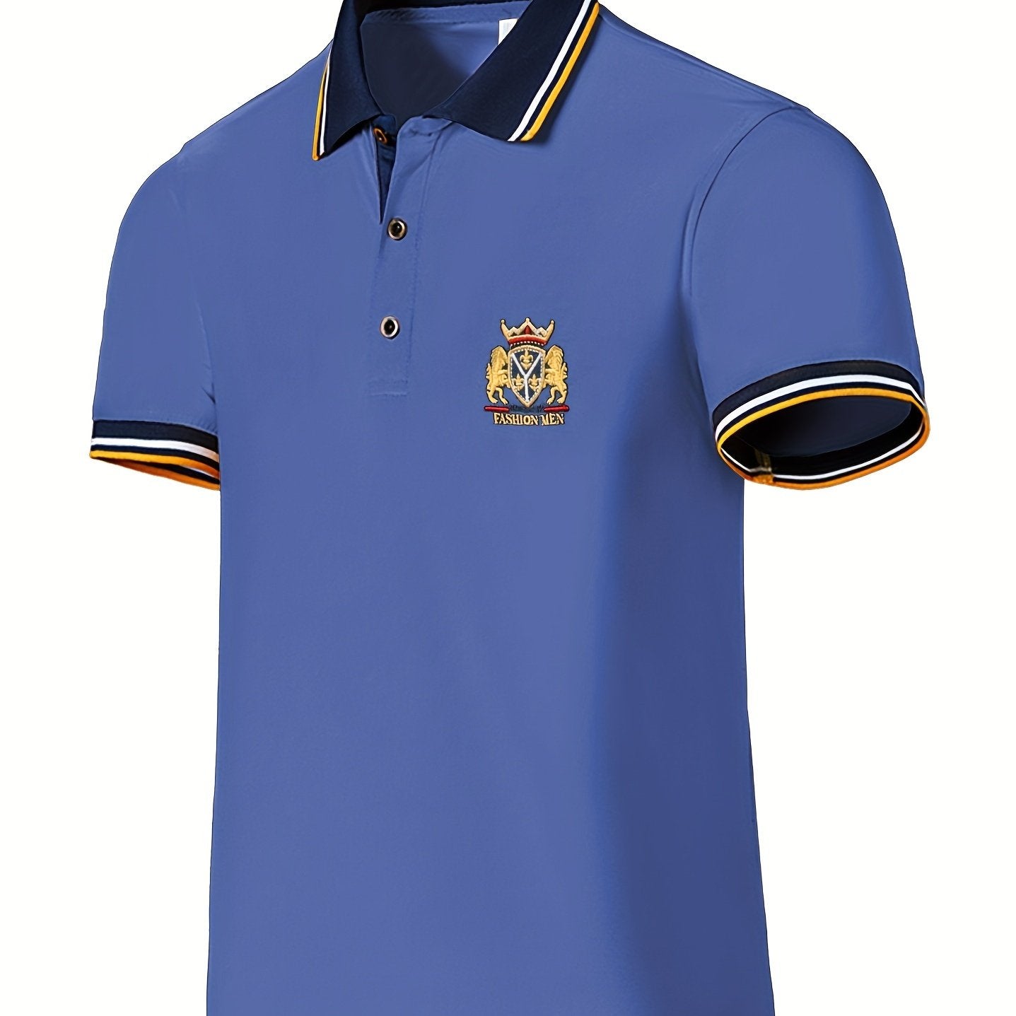Men's Casual Shirt - Vibrant Red with Golden Embroidered Crest, Short Sleeve Summer Shirt, Regular Fit, Black & Yellow Trim Collar, Breathable Fabric for Casual & Semi-Formal Wear, Contrast Stripe Detailing