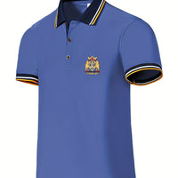 Men's Casual Shirt - Vibrant Red with Golden Embroidered Crest, Short Sleeve Summer Shirt, Regular Fit, Black & Yellow Trim Collar, Breathable Fabric for Casual & Semi-Formal Wear, Contrast Stripe Detailing