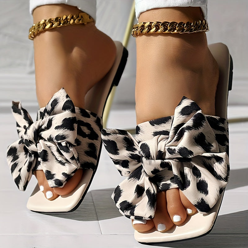 Womens Fashion Leopard Print Bowknot Flat Slides - Comfortable Slip-On Open Toe Slide Sandals with Strappy Back, Rubber Sole, and Synthetic Leather Insole - Perfect for Casual Daily Wear