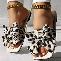 Womens Fashion Leopard Print Bowknot Flat Slides - Comfortable Slip-On Open Toe Slide Sandals with Strappy Back, Rubber Sole, and Synthetic Leather Insole - Perfect for Casual Daily Wear