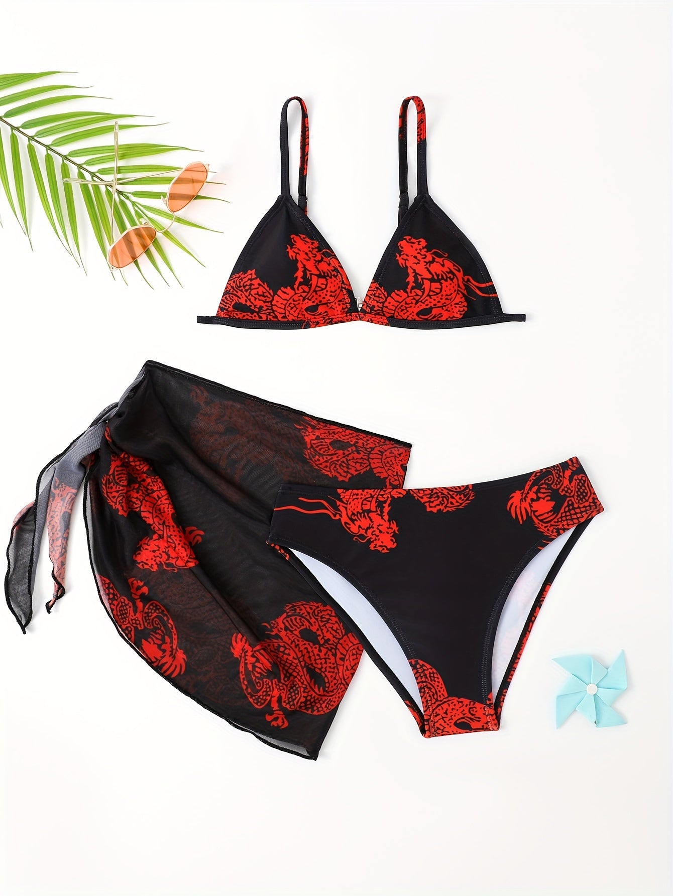 Trendy & Elegant Girls 3pcs Bikini Swimwear Set Comfy Bathing Suit Summer Clothes Beach