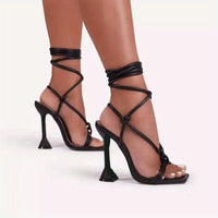 Chic Womens Square Toe Heeled Sandals - Elegant Cross-Strap, Lace-Up Design, Pyramid Heel - Perfect for Parties and Dressy Occasions