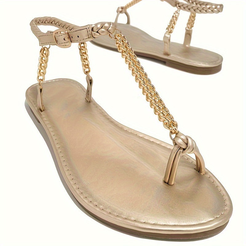 Women's Metal Chain Flat Sandals - Fashion Toe Loop Ankle Strap Summer Shoes - Stylish Beach Party Sandals - For Women -  Suitable for Summer - Perfect Gift for Fashionistas