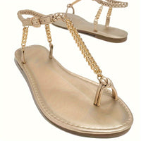Women's Metal Chain Flat Sandals - Fashion Toe Loop Ankle Strap Summer Shoes - Stylish Beach Party Sandals - For Women -  Suitable for Summer - Perfect Gift for Fashionistas
