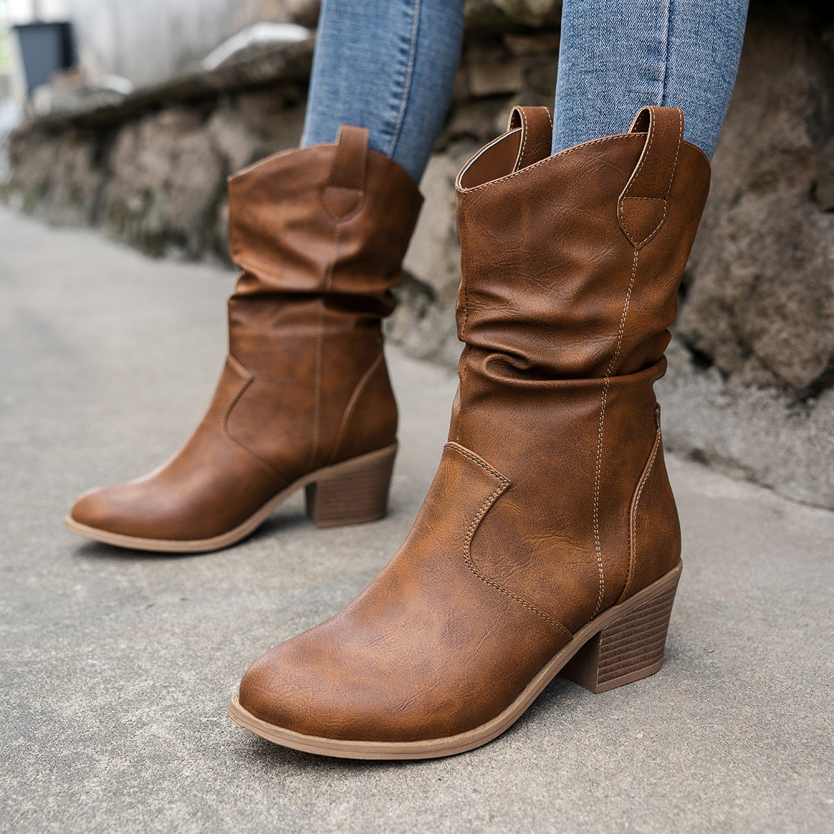 Mid Calf Women's Slouch Boots, Solid Color V-cut Slip On Cowgirl Low Heel Block Stacked Heels
