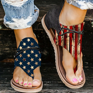 [Vintage Gladiator Sandals] Vintage Style Gladiator Sandals - Striped Independence Day Flat Heel with Zip Closure, Split Toe Design, EVA Sole, Faux Cover Insole & Lining