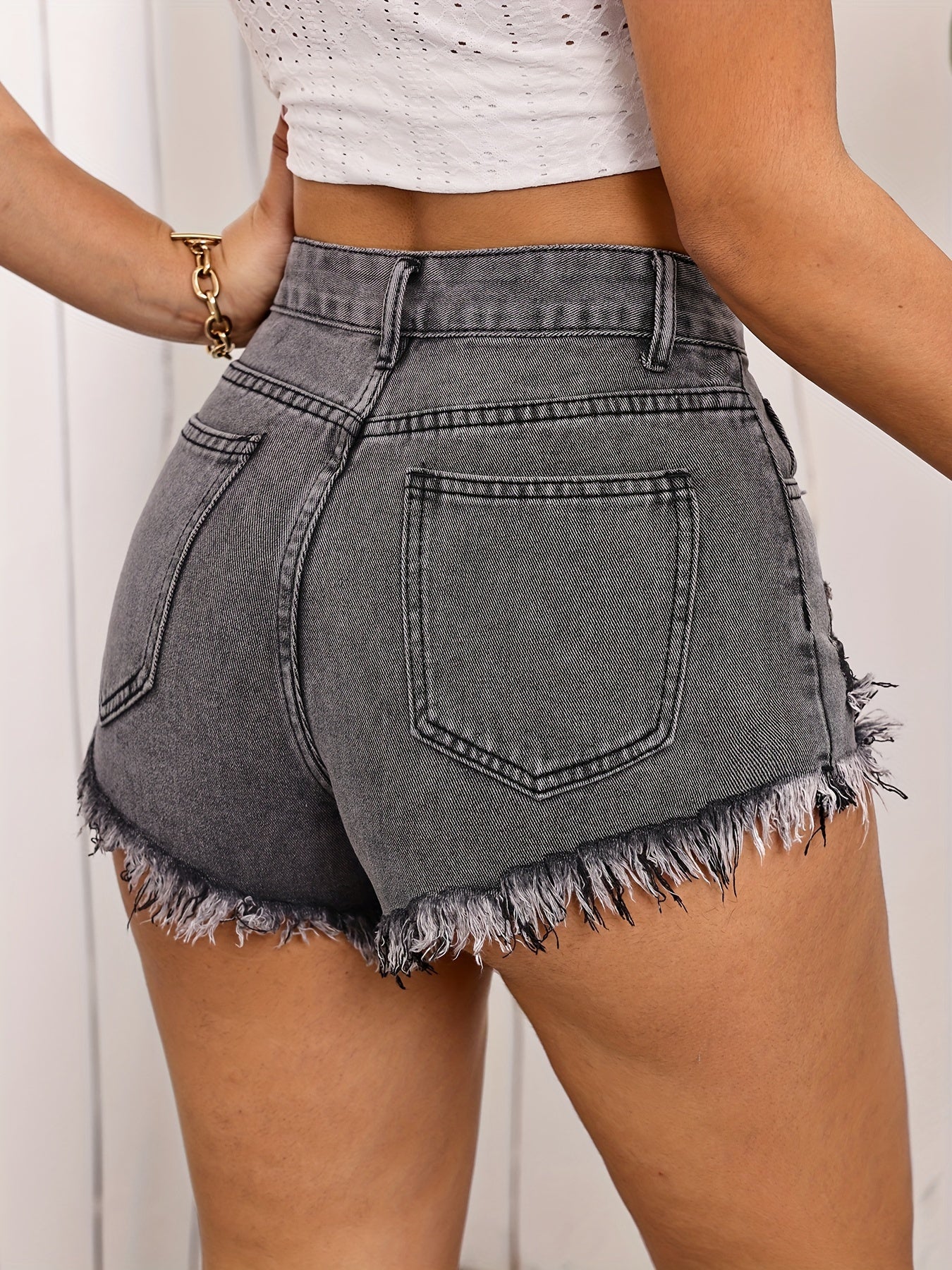 Ripped Raw Hem Denim Shorts, Distressed Washed Grey Denim Shorts, Women's Denim Jeans & Clothing