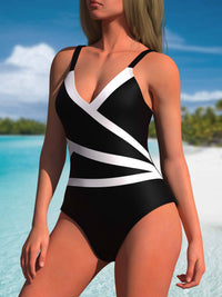 Chic Black & White Color Block V-Neck One-Piece Swimsuit - Stretchy, Slimming & Retro Style - Womens Bathing Suit for a Flattering Beach Look