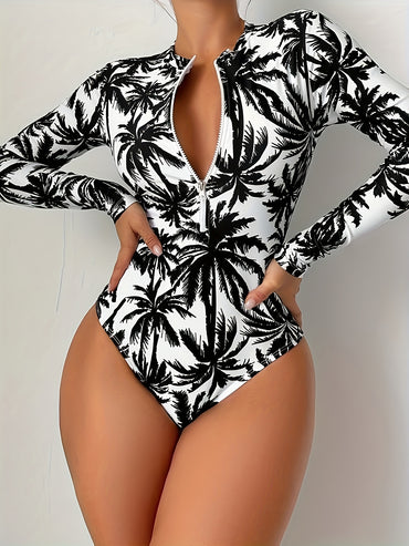 Womens Tropical Print One-Piece Swimsuit - Removable Padded, Long Sleeves, Half Zipper, Crew Neck, Medium Stretch, Quick-Dry Polyester - Surfing Water Sports Competitive Bathing Suit