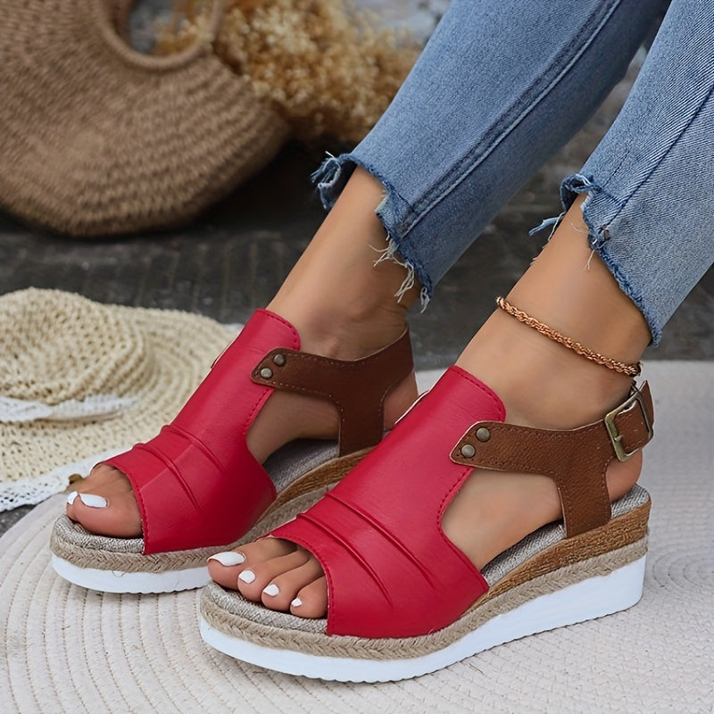 Women's Comfy Mid-Heel Wedge Sandals - Open-Toe, Buckle Ankle Strap, Chic Geometric Colorblock for Summer Elegance
