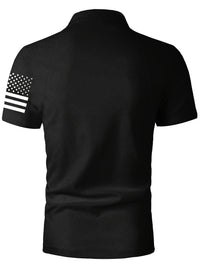 [American Flag Shirt] Lightweight American Flag Print Men's Casual Shirt - Comfortable Short Sleeve, Button-Up Collar, Black with Stars & Stripes Design, Polyester for Spring/Fall