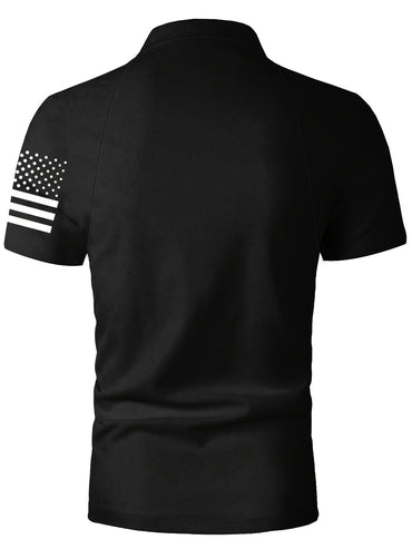 [American Flag Shirt] Lightweight American Flag Print Men's Casual Shirt - Comfortable Short Sleeve, Button-Up Collar, Black with Stars & Stripes Design, Polyester for Spring/Fall