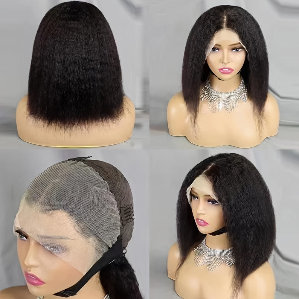 Kinky Straight Short Bob Wig 10-16 - HD Transparent 13x4 Lace Frontal, Glueless Swiss Lace - Pre-Plucked, High Density Natural Hair for Women