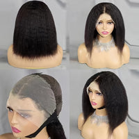 Kinky Straight Short Bob Wig 10-16 - HD Transparent 13x4 Lace Frontal, Glueless Swiss Lace - Pre-Plucked, High Density Natural Hair for Women