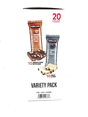 Kirkland Signature Protein Bar Variety Pack 20 Count Chocolate Peanut Butter Chunk & Cookies and Cream Gluten Free 21-22g of Protein 2g Sugar No Artificial Flavors Whey Protein Isolate