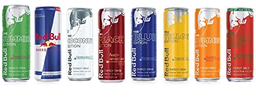 New Red Bull Editions Sampler Pack: Red, Yellow, Blue, Original, Peach, Dragonfruit, Coconut Berry and Summer Peach Apricot 12fl.oz. (Pack of 16)