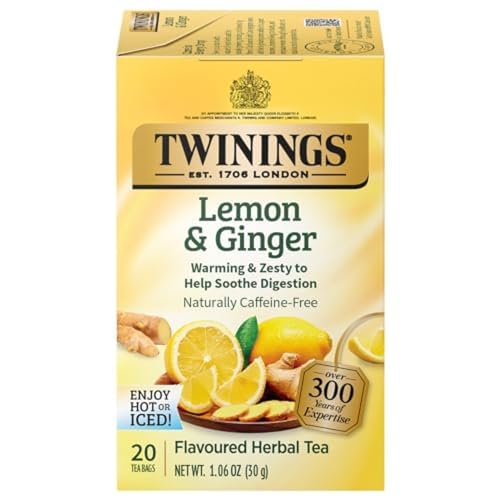 Twinings Lemon & Ginger Individually Wrapped Herbal Tea Bags, 20 Count (Pack of 6), Tangy Lemon, Spicy Ginger, Caffeine Free, Enjoy Hot or Iced