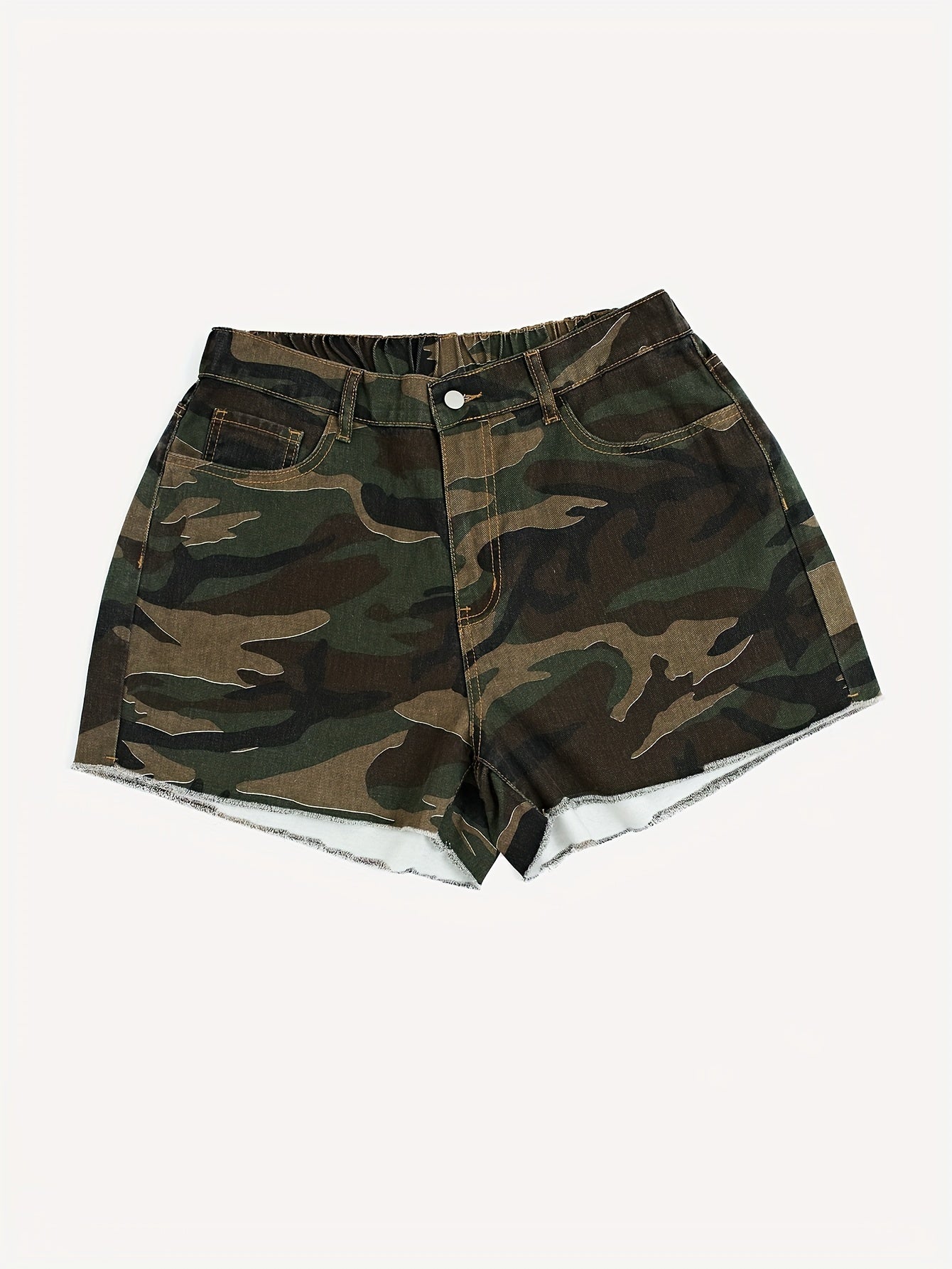 Women's Plus Size Casual Camouflage Denim Shorts, Frayed Hem, High-Waisted Summer Fashion, Camo Pattern, Streetwear Style