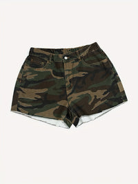 Women's Plus Size Casual Camouflage Denim Shorts, Frayed Hem, High-Waisted Summer Fashion, Camo Pattern, Streetwear Style