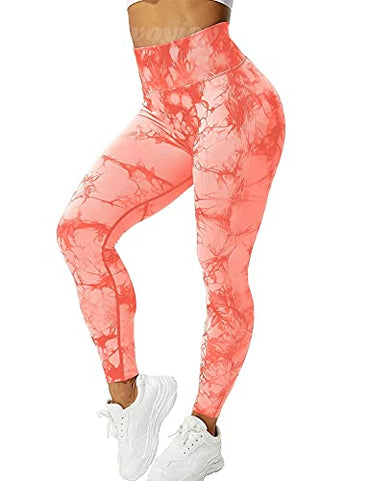 VOYJOY Tie Dye Seamless Leggings for Women High Waist Yoga Pants, Scrunch Butt Lifting Elastic Tights Orange Red