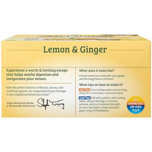 Twinings Lemon & Ginger Herbal Tea, 50 Count (Pack of 6), Individually Wrapped Bags, Tangy Lemon & Spicy Ginger, Decaffeinated, Enjoy Hot or Iced