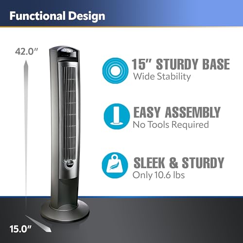 Lasko Oscillating Tower Fan, Quiet Fans with Remote, for Bedroom, Living Room, Office, Tower Fan with Remote, 3-Speed Timer, 42”, Silver T42951