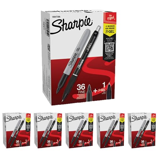 SHARPIE® Permanent Fine-Point Markers, Black, Pack Of 36 + 1 Bonus S Gel Pen, Case Pack, Pack of 6, Total of 216 Black Permanent Markers and 6 Bonus S Gel Pens, Bulk Buy, Office/School Supplies