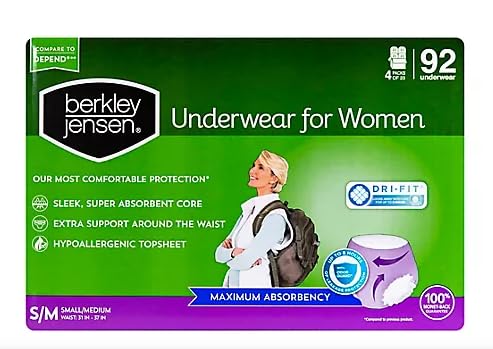 Berkley Jensen Incontinence Underwear for Women with Maximum Absorbency, Size S/M, 92 ct.