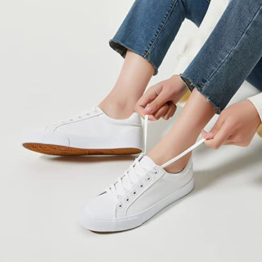 SERNIAL Women's White Tennis Shoes PU Leather Sneakers Casual Walking Shoes for Women(White,US9)