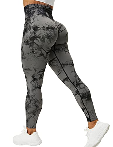 VOYJOY Tie Dye Seamless Leggings for Women High Waist Yoga Pants, Scrunch Butt Lifting Elastic Tights Black Gray