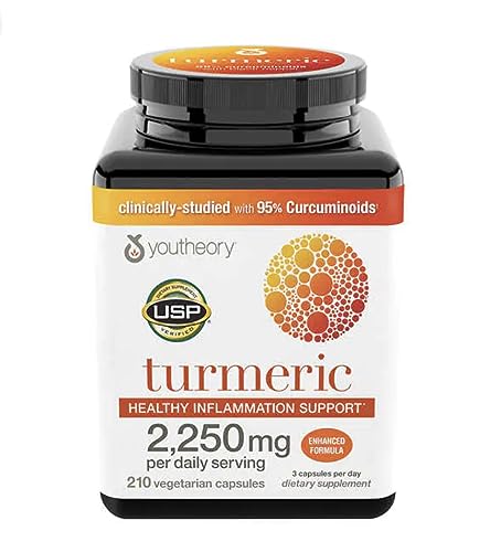 Youtheory Turmeric Curcumin Supplement with Black Pepper BioPerine, Powerful Antioxidant Properties for Joint & Healthy Inflammation Support 2250 MG 210 Capsules