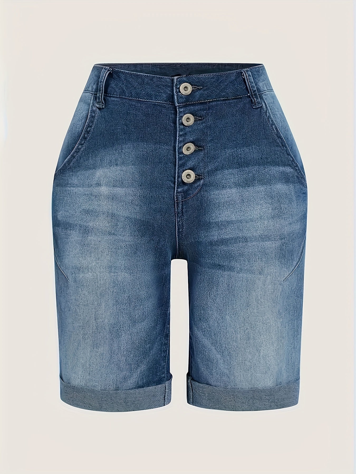 Women's Elegant Mid-Thigh Rolled Cuff Denim Shorts, Stretch Fit Button Fly, Summer Fashion Jean Hotpants Jorts