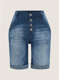 Women's Elegant Mid-Thigh Rolled Cuff Denim Shorts, Stretch Fit Button Fly, Summer Fashion Jean Hotpants Jorts