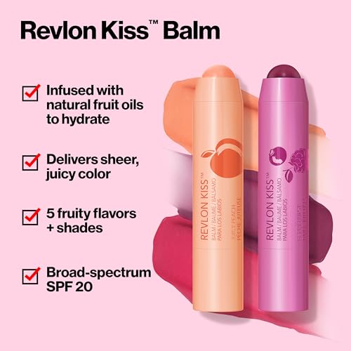 Revlon Lip Balm, Kiss Tinted Lip Balm, Face Makeup with Lasting Hydration, SPF 20, Infused with Natural Fruit Oils, 025 Fresh Strawberry, 0.09 Oz