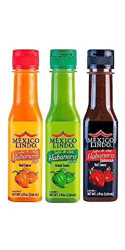 Mexico Lindo Hot Sauce Variety Pack | Includes 1 Bottles Each of Red Habanero + Green Habanero + Xxxtra Hot | 5 Fl Oz Bottles (Pack of 3)