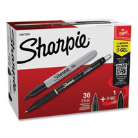 SHARPIE® Permanent Fine-Point Markers, Black, Pack Of 36 + 1 Bonus S Gel Pen, Case Pack, Pack of 6, Total of 216 Black Permanent Markers and 6 Bonus S Gel Pens, Bulk Buy, Office/School Supplies